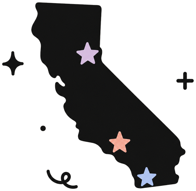 Map of California with stars marking Meanwhile's Lake Tahoe, Los Angeles, and San Diego markets